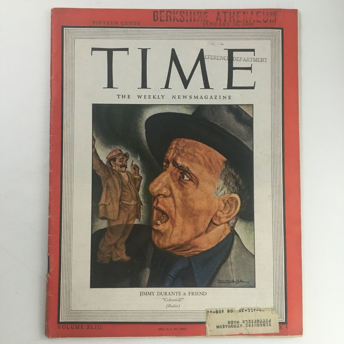 Time Magazine January 24 1944 featuring American actor Jimmy Durante with his friend on the cover, showcasing historic entertainment content from World War II.