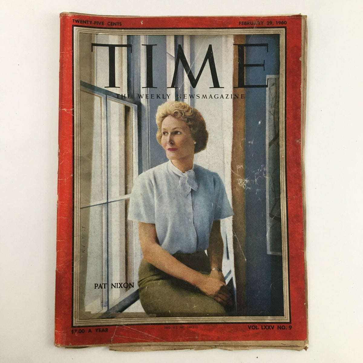 Vintage Time Magazine cover featuring Patricia Nixon, February 29, 1960, Volume 75, No. 9. Showcasing first lady Patricia Nixon seated by a window.
