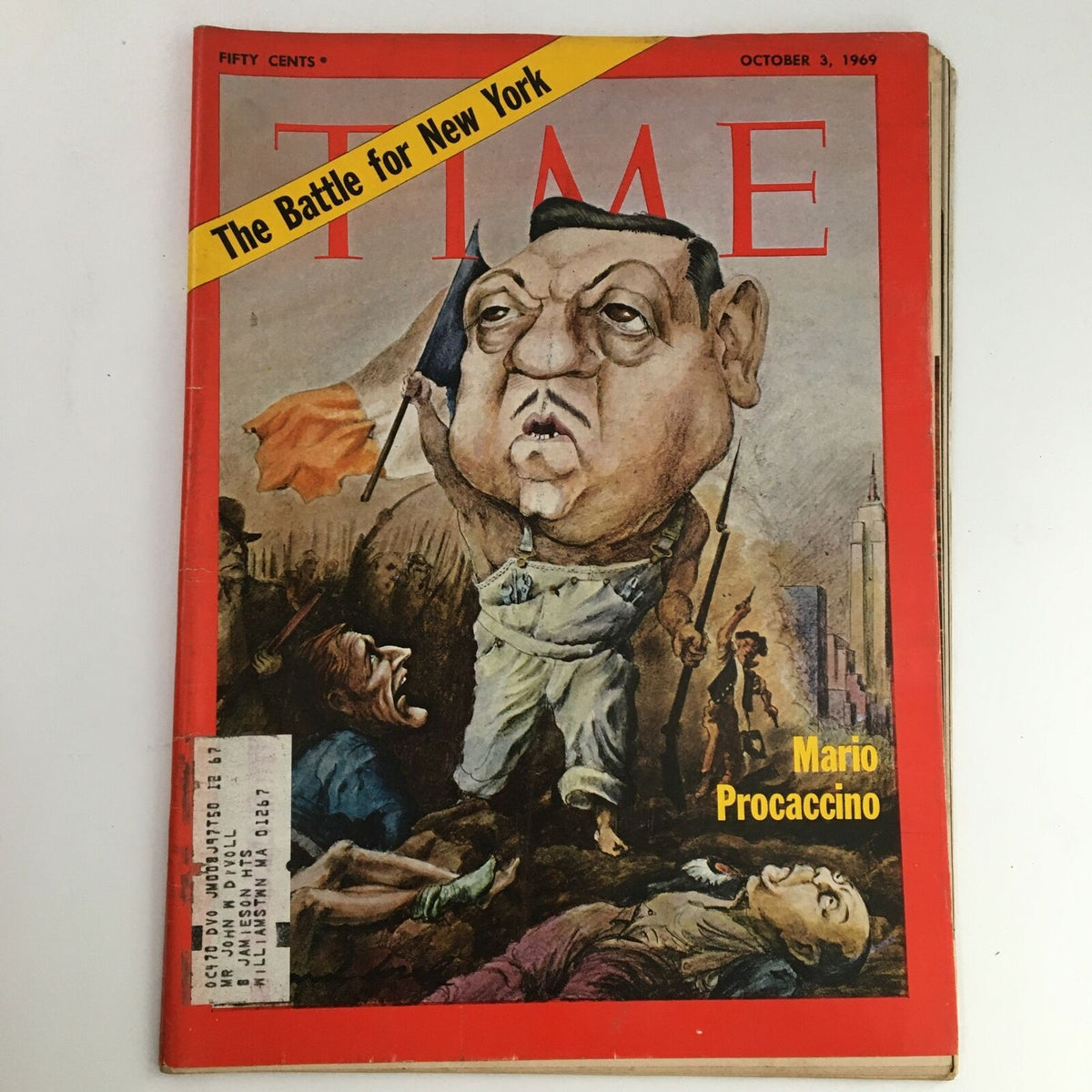 Cover of Time Magazine, October 3, 1969, Vol 94 #14 featuring a caricature of Mario Angelo Procaccino, depicting the battle for New York.