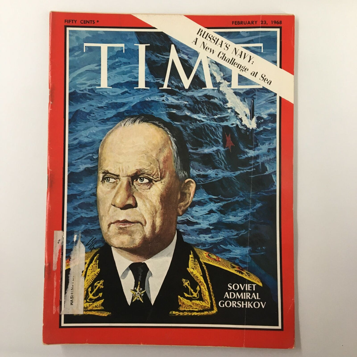 Vintage Time Magazine cover from February 23, 1968, featuring an illustration of Soviet Admiral Sergey Gorshkov, highlighting 'Russia's Navy: A New Challenge at Sea', capturing the historical context of the Cold War.