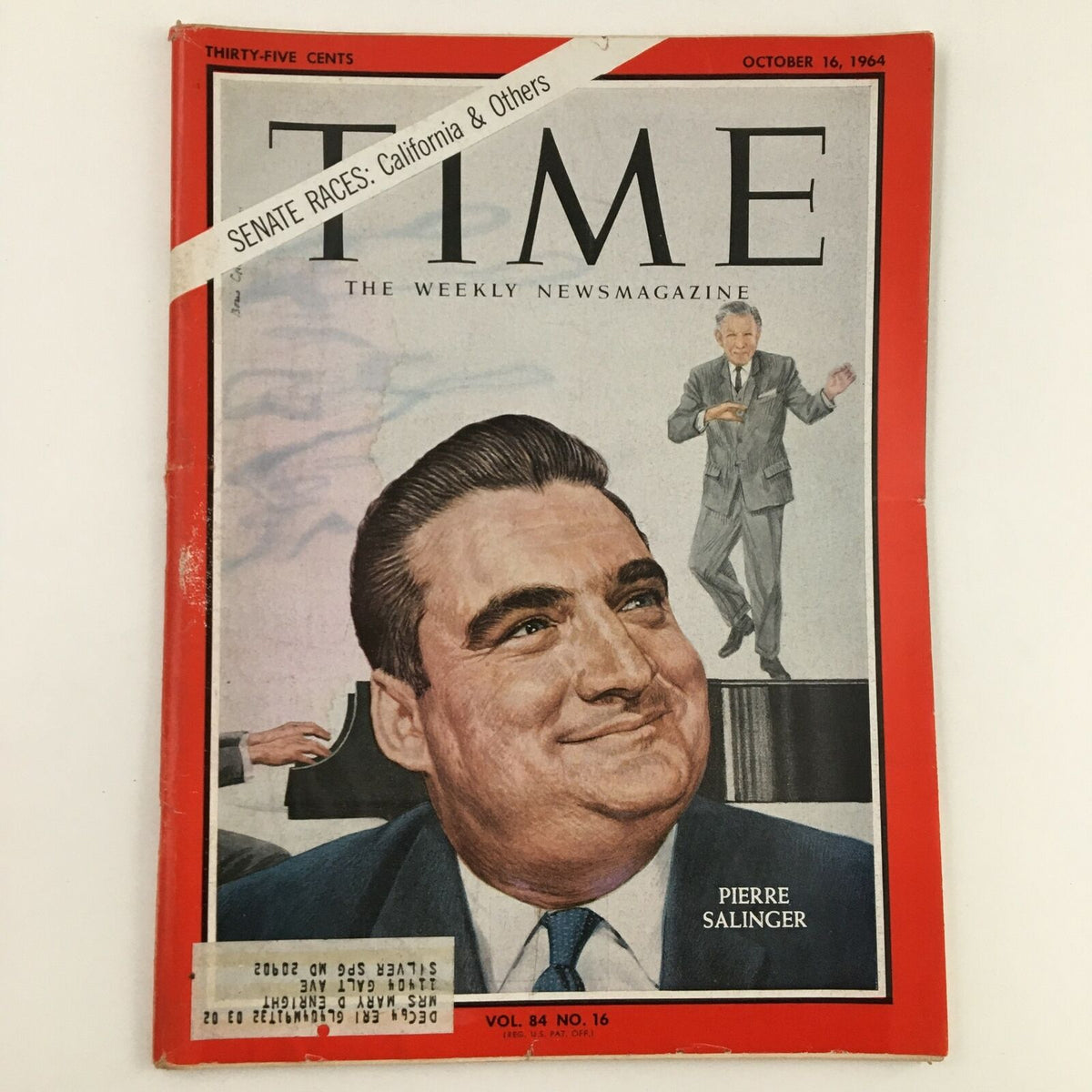 Cover of Time Magazine October 16 1964 Vol. 84 No. 16 featuring Pier Salinger and a depiction of Senate races, with bold graphics and vintage design.