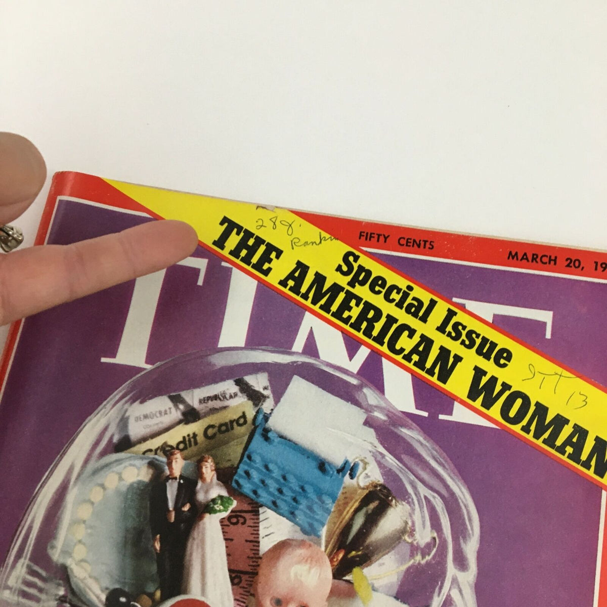 Detail of the cover of Time Magazine, March 20, 1972, showcasing the special issue 'The American Woman' with annotations and a vintage design.