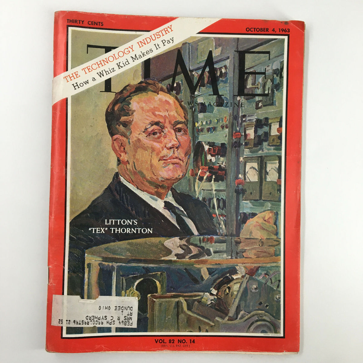 Cover of VTG Time Magazine October 4 1963 Vol 82 #14 featuring Tex Thornton from Litton's Tech Industry, showcasing a portrait and the magazine's title prominently.