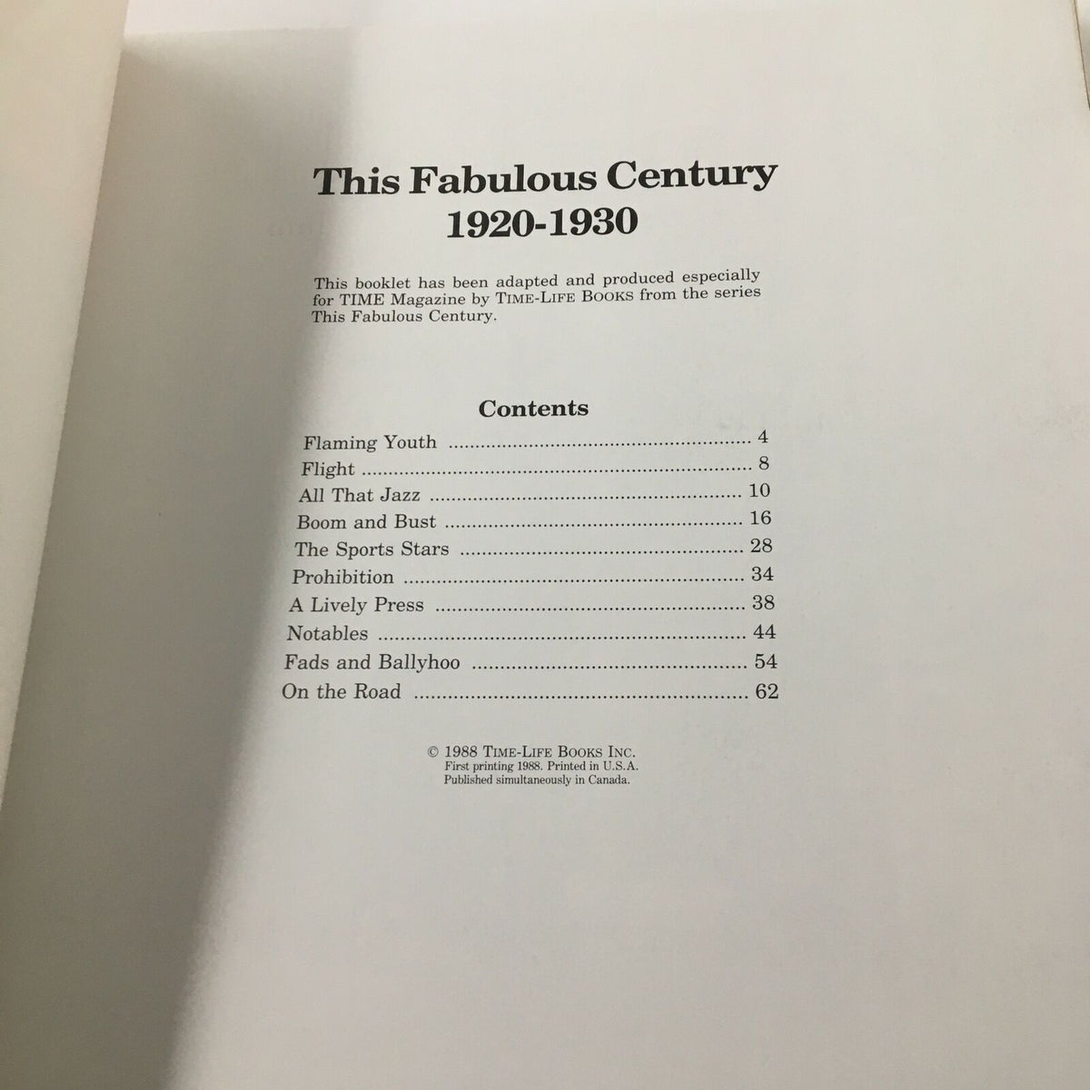 Table of contents page from '1988 Time Life Books 1920 - 1930 The Fabulous Century' detailing various chapters and topics.