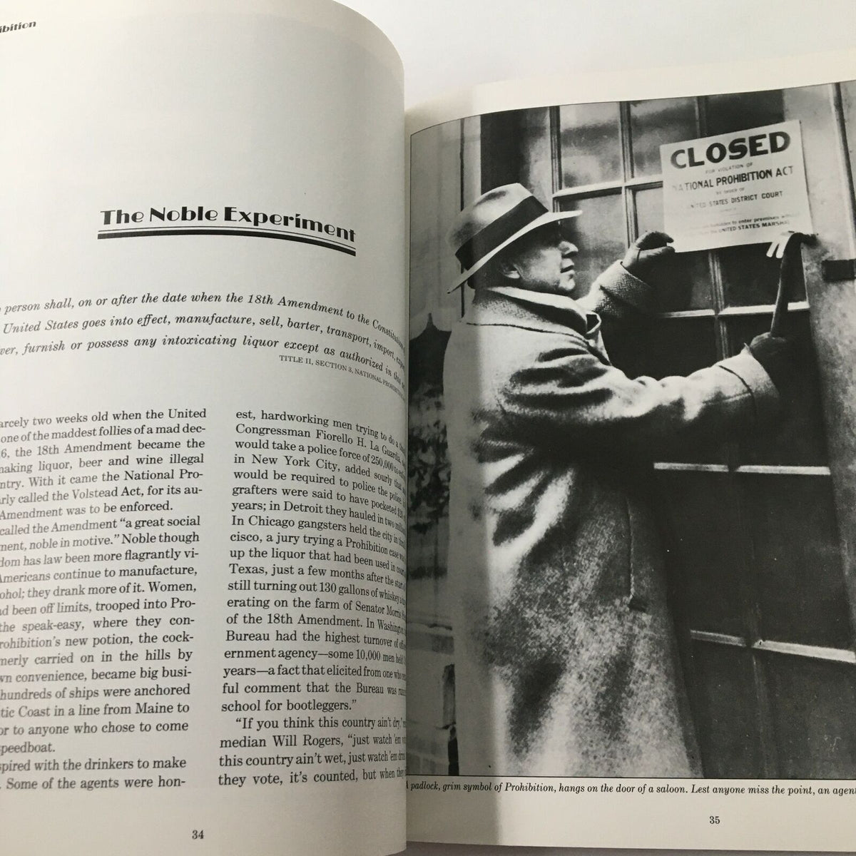 Page from 1988 Time Life Books 1920 - 1930 The Fabulous Century showing an image related to the Prohibition era with a man standing in front of a closed door displaying the National Prohibition Act notice.