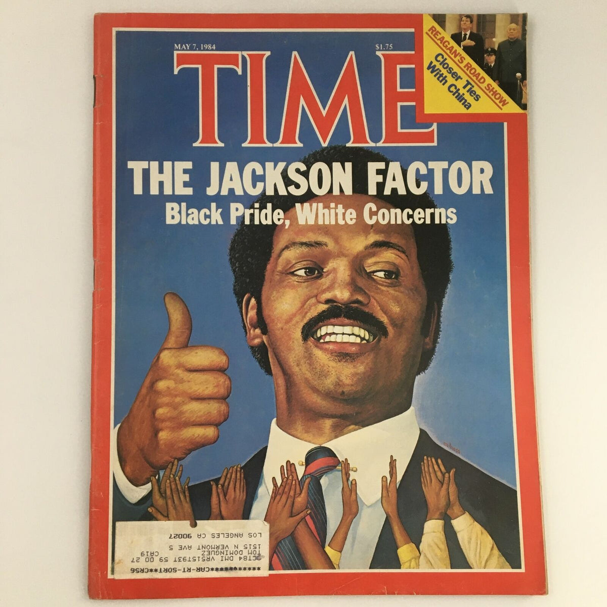 VTG Time Magazine cover from May 7, 1984, titled 'The Jackson Factor: Black Pride, White Concerns,' featuring an illustration of a smiling man in a suit giving a thumbs up with raised hands in the background.