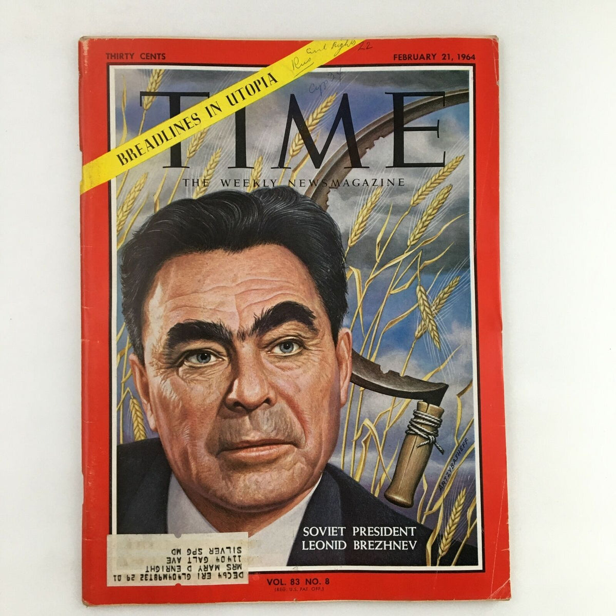 Time Magazine February 21 1964 Vol. 83 No. 8 featuring Soviet President Leonid Brezhnev on the cover, showcasing striking artwork and design relevant to the era.