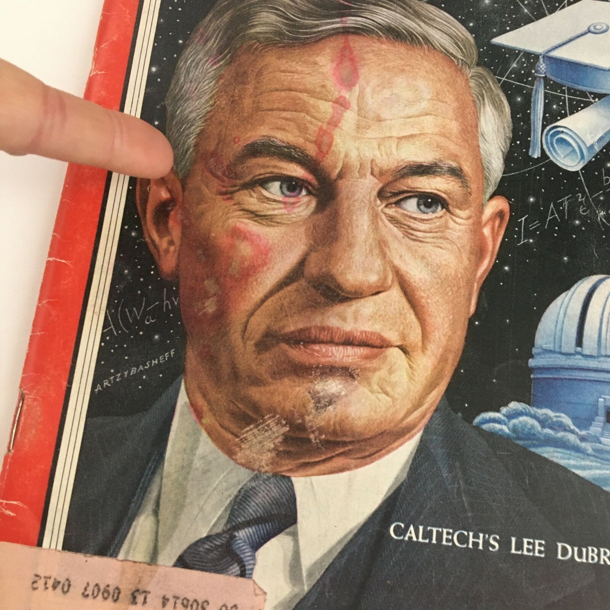 Close-up view of Time Magazine May 16, 1955 cover highlighting Caltech's Lee Alvin DuBridge, with detailed facial illustration and space-themed background.