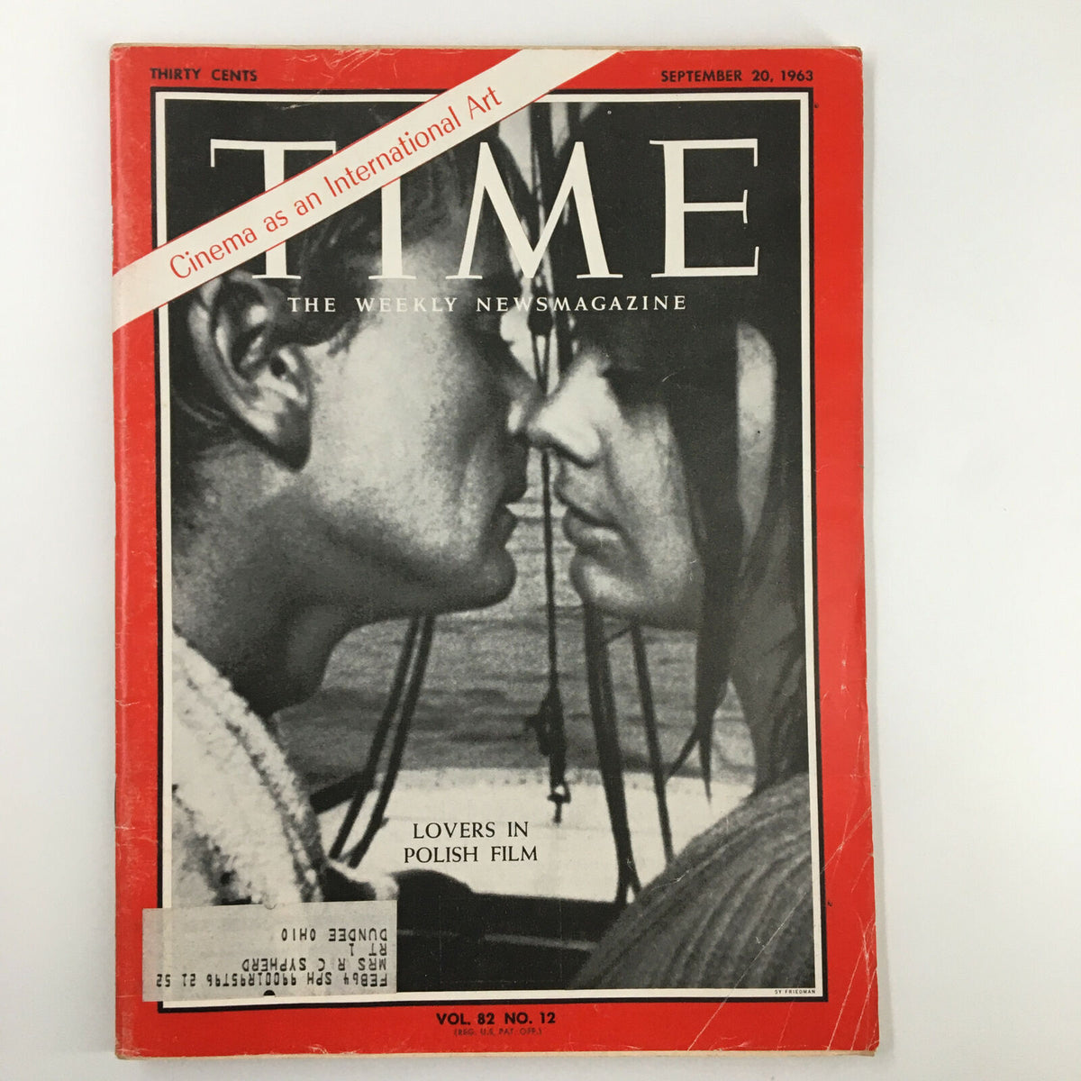 Cover of Time Magazine, September 20, 1963, Vol 82 #12, featuring a romantic theme titled 'Lovers in Polish Film'. The cover showcases a close-up of two faces about to kiss, emphasizing the cinematic influence of love in Polish cinema.
