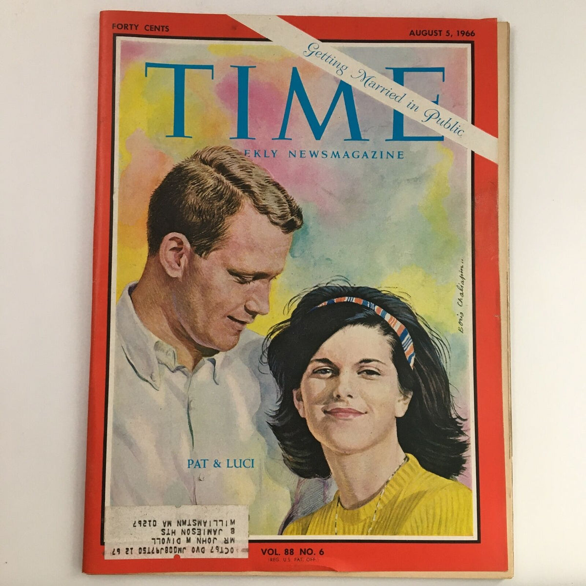 Cover of Time Magazine from August 5, 1966, featuring Luci Baines Johnson and Patrick Pat Nugent, volume 88, issue 6, with vibrant colors and text promoting public weddings.