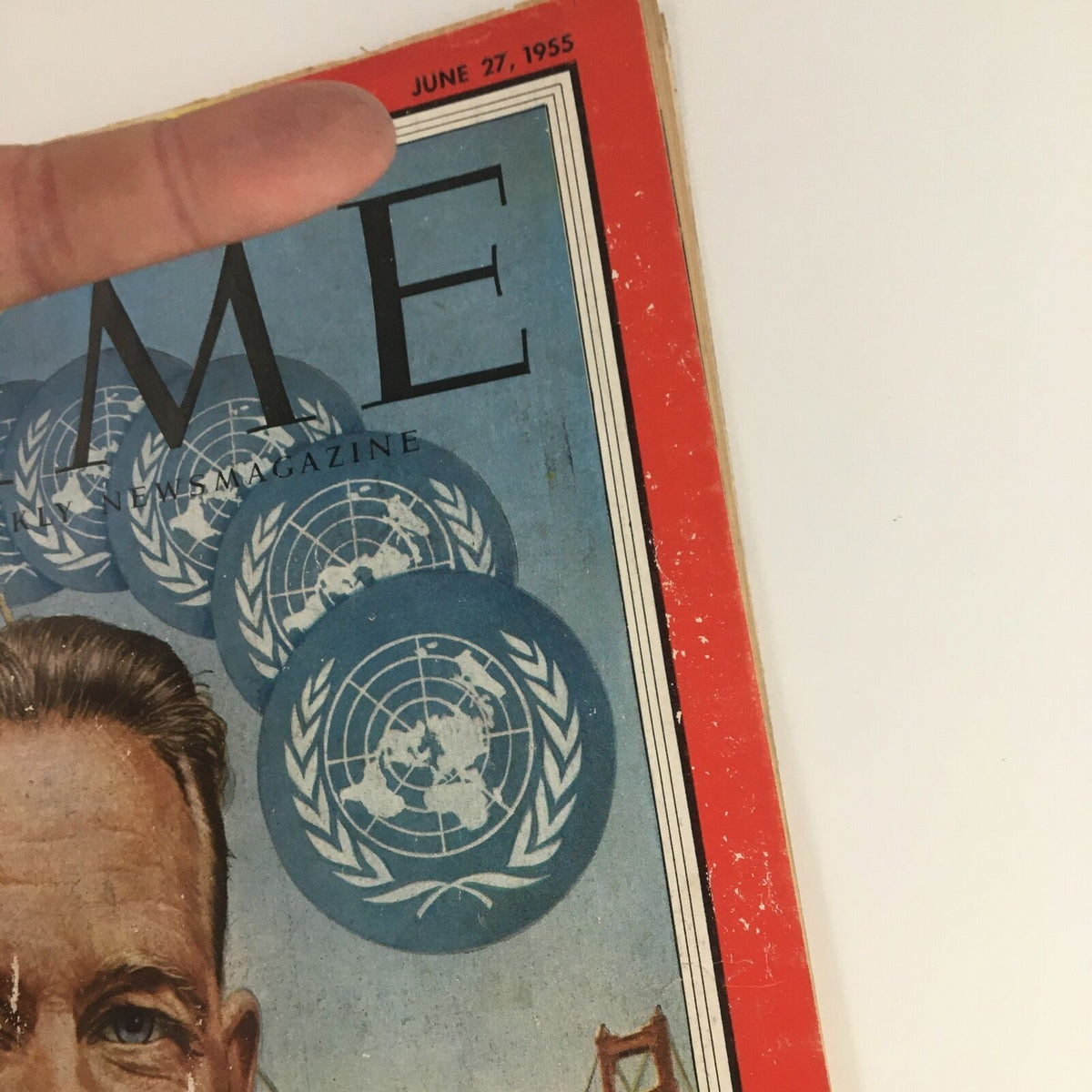 Another angle of Time Magazine June 27 1955 depicting The U.N.'s Dag Hammarskjöld cover, highlighting the upper section with the date prominently displayed.