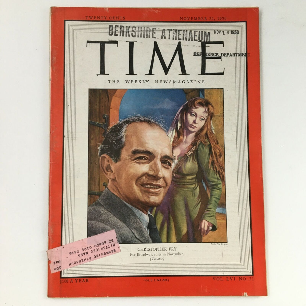 Time Magazine November 20, 1950 cover featuring English poet Christopher Fry, Vol. LVI No. 21. The cover displays an illustrated portrait of Fry with a colorful background, showcasing the magazine's vintage design.
