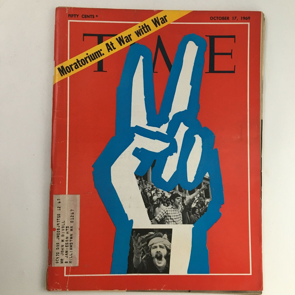 Cover of Time Magazine October 17 1969 Vol 94 #16 titled 'Moratorium At War with War', featuring a peace symbol and protest imagery, highlighting anti-war sentiments during the Vietnam War era.
