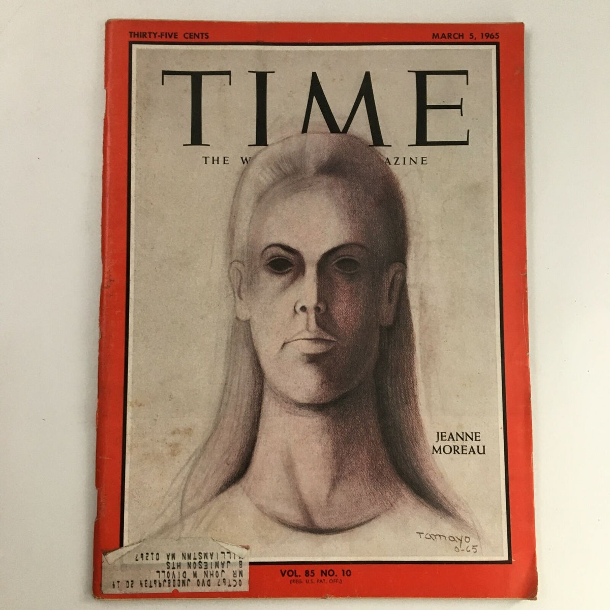 Cover of Time Magazine March 5, 1965, Vol 85 #10 featuring an illustration of French actress Jeanne Moreau, showcasing a vintage design that highlights the cultural aesthetics of the 1960s.
