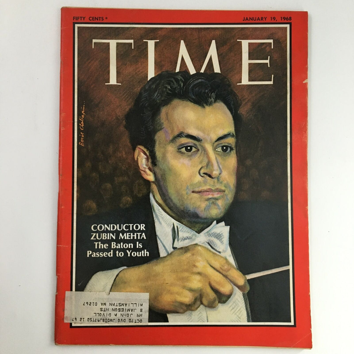 Cover of Time Magazine dated January 19, 1968, featuring conductor Zubin Mehta with the headline 'The Baton Is Passed to Youth'. This vintage magazine showcases Mehta's influence in classical music during the late 1960s.