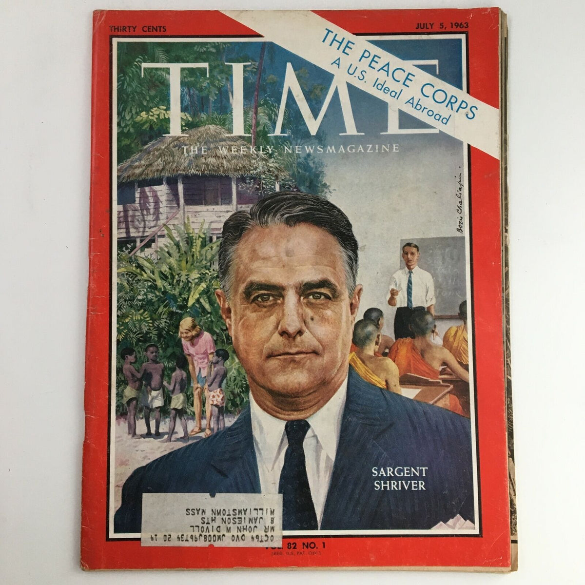 Time Magazine July 5, 1963 featuring U.S. Ambassador to France, Sargent Shriver on the cover, showcasing his portrait against a vibrant background of tropical scenery and a gathering of people.