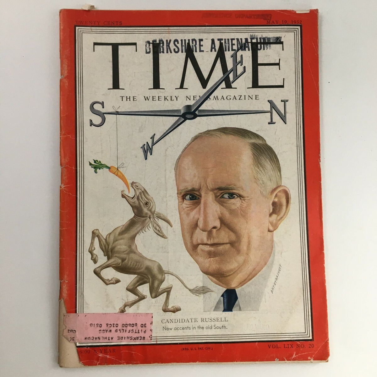 Time Magazine May 19 1952 Edition featuring a cover illustration of candidate Richard Russell Jr. with a donkey and a pink address label.