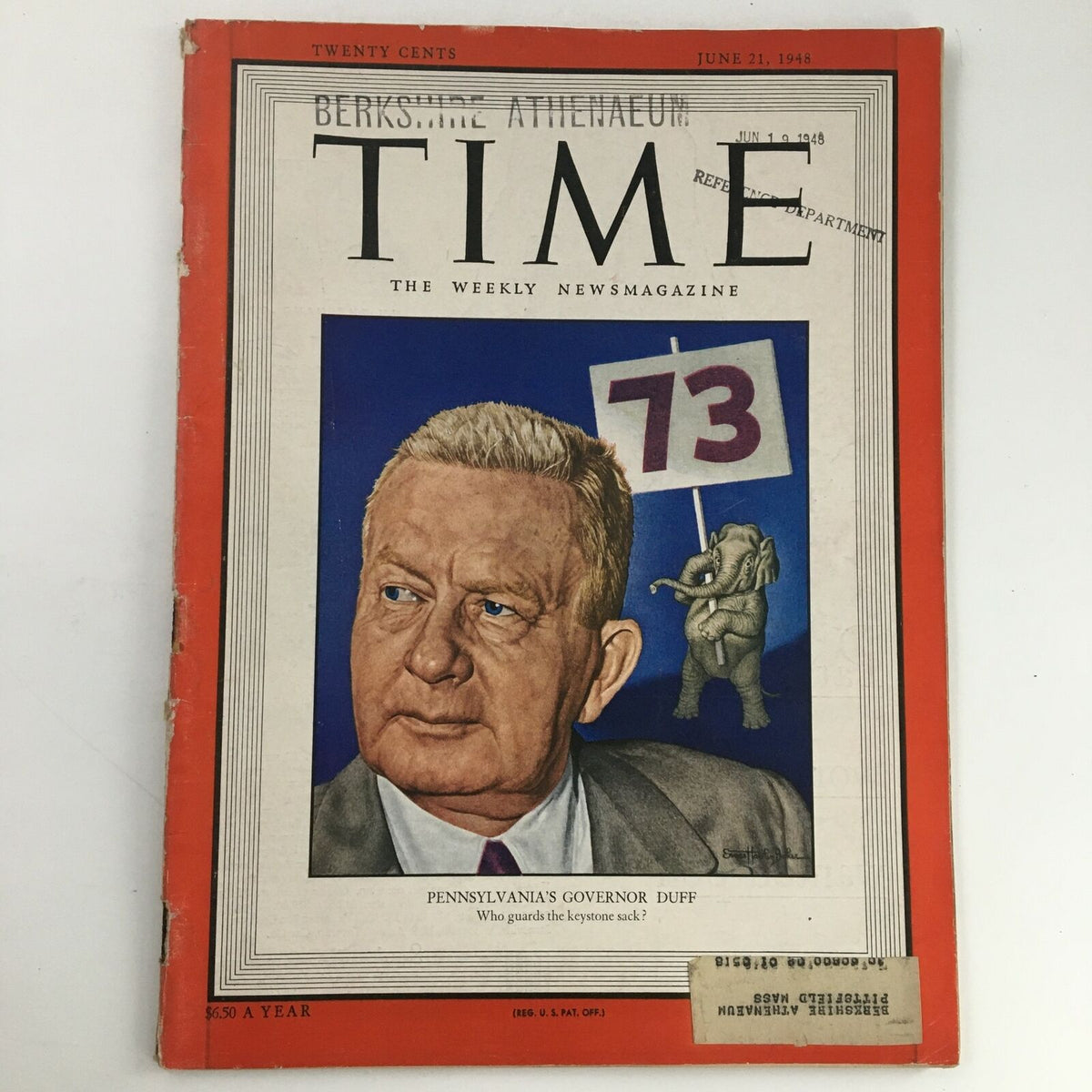 Cover of Time Magazine from June 21, 1948, featuring Pennsylvania's Governor James H. Duff and the headline 'Who guards the keystone sack?'. This collectible issue highlights political themes of mid-20th-century America.
