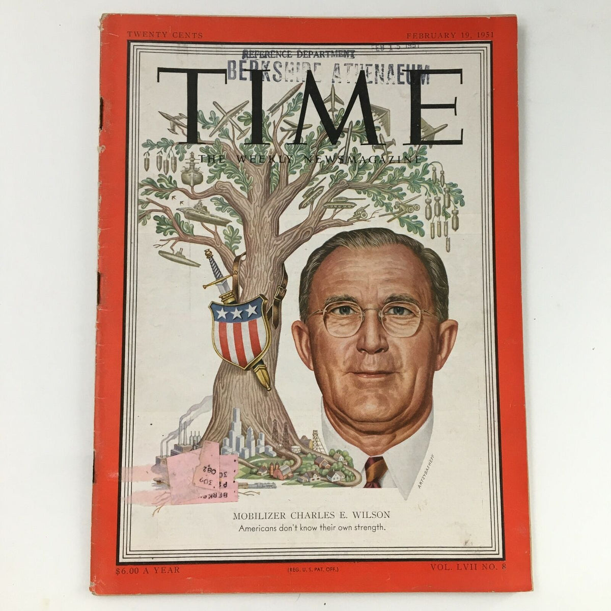 Cover of Time Magazine February 19, 1951, Volume 57, Number 8 featuring Mobilizer Charles E. Wilson, depicting a portrait of Wilson with a stylized illustration of a tree and industrial scene in the background.