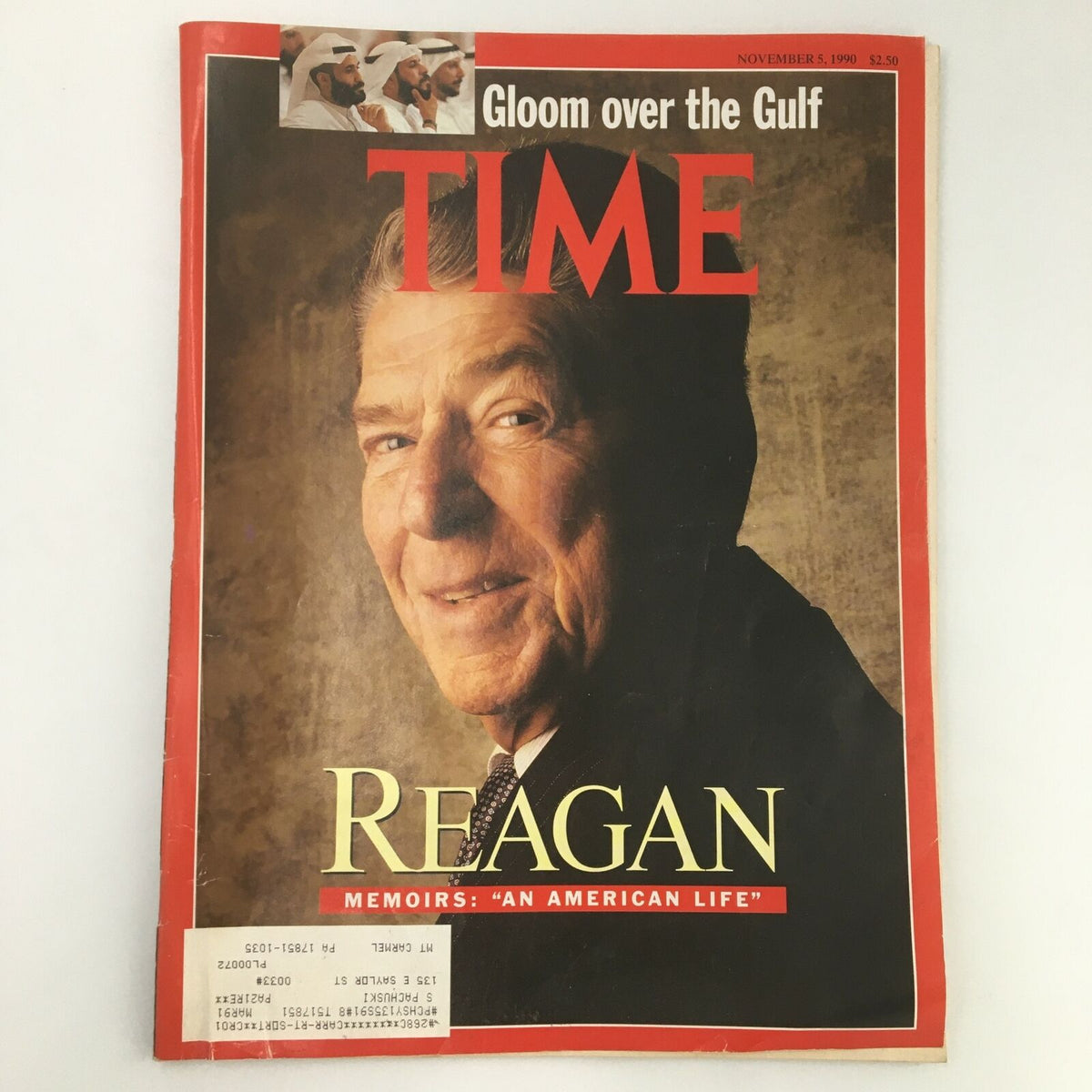 Time Magazine cover from November 5, 1990, featuring Ronald Reagan with the title 'Memoirs: An American Life.' The magazine showcases Reagan's portrait, highlighting key historical moments and reflections on his presidency.