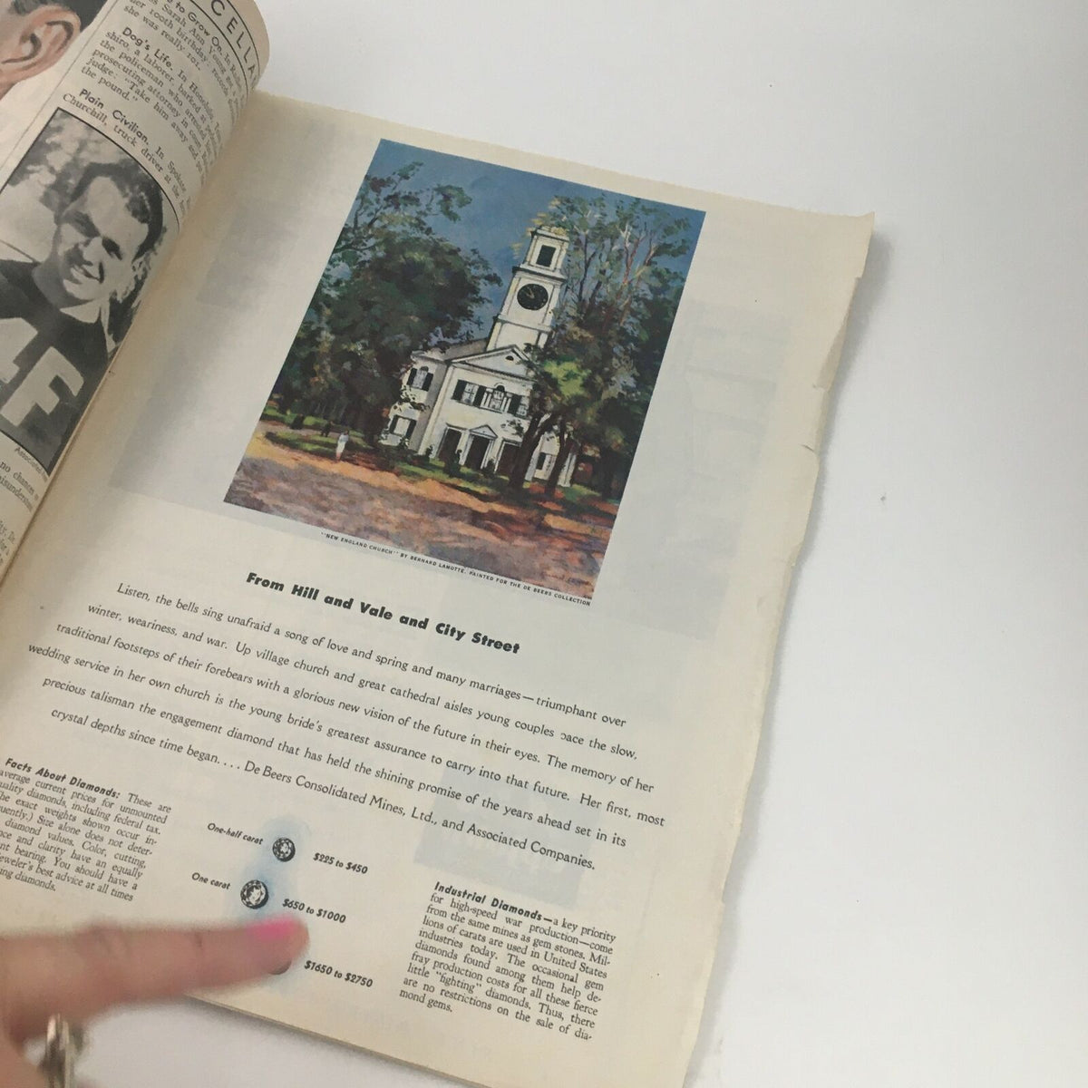 Interior page of Time Magazine April 17, 1944 with an illustration of a church and text discussing wedding traditions, reflecting the magazine's coverage of cultural aspects during World War II.