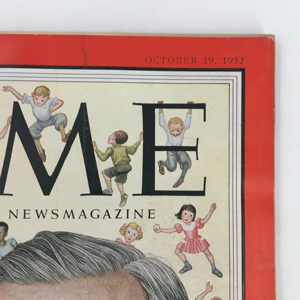 Close-up of the Time Magazine cover from October 19, 1953, highlighting the title and playful illustrations of children alongside Superintendent William Jansen.