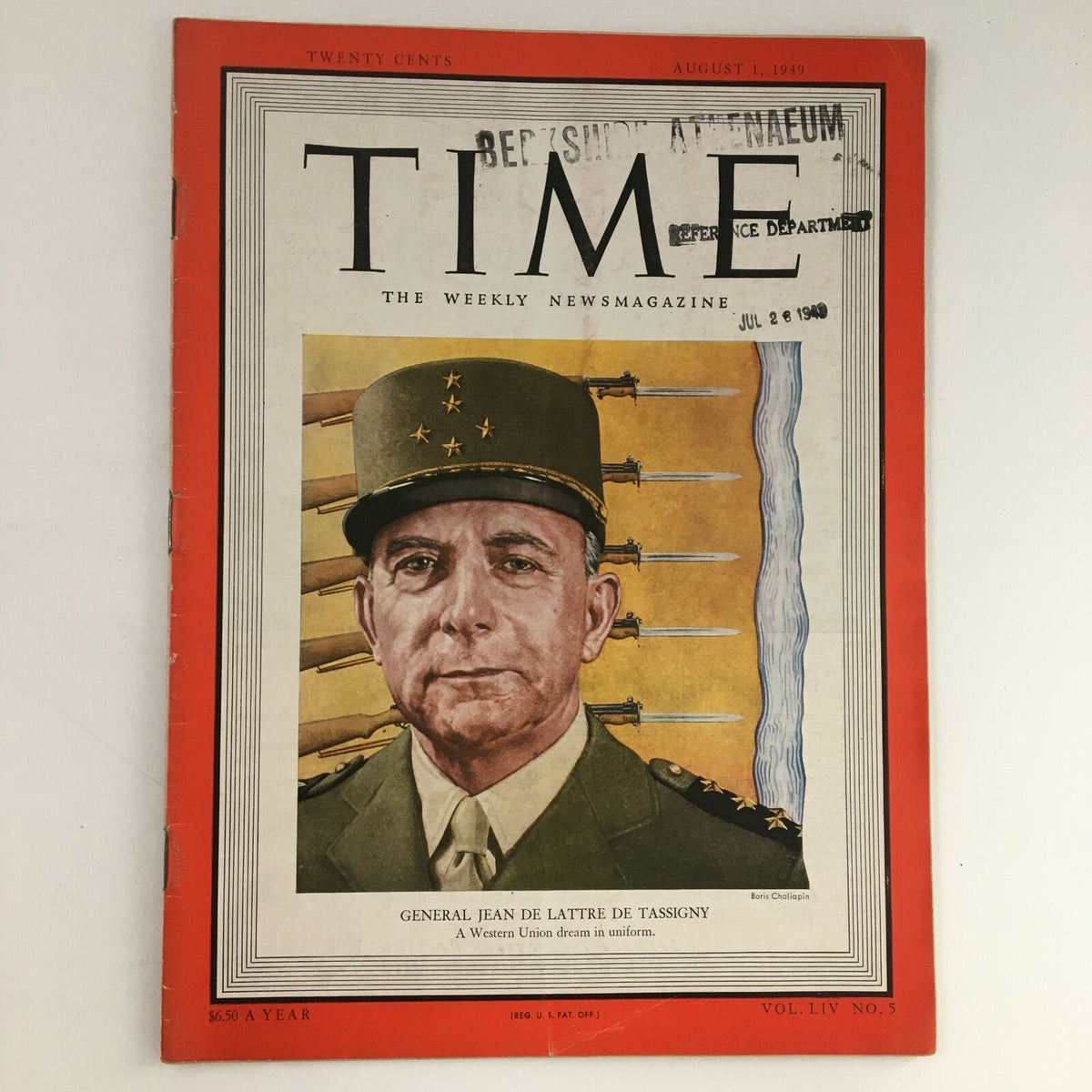 Time Magazine August 1, 1949, Vol 54 #5 featuring General Jean De Lattre De Tassigny on the cover, showcasing vintage military portrait and historical significance from post-World War II.