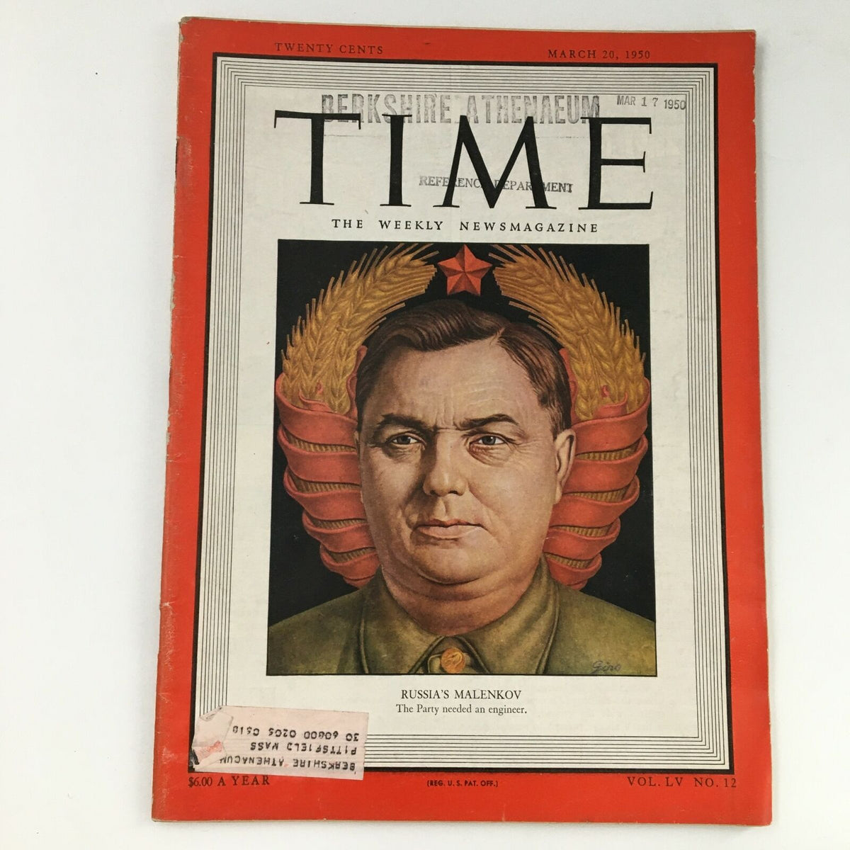 Time Magazine cover from March 20, 1950, Volume 55, Number 12 featuring Georgy Malenkov of the Soviet Union. The cover depicts a portrait of Malenkov set against a backdrop of Soviet insignia, highlighting his significance during the early Cold War era.