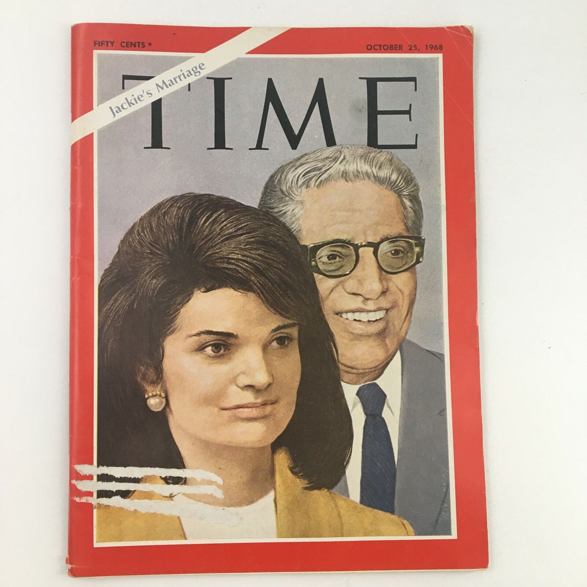 Cover of Time Magazine October 25, 1968, featuring Jacqueline Kennedy Onassis and Aristotle Onassis, highlighting 'Jackie's Marriage' with illustrated portraits, significant in American cultural history.