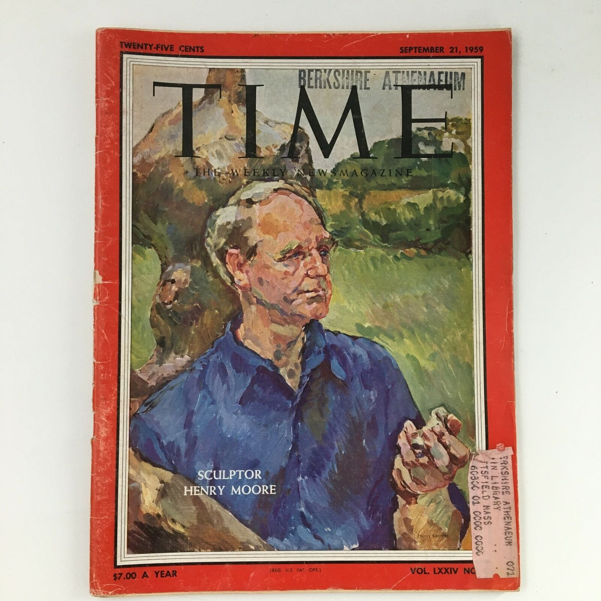Time Magazine September 21 1959 featuring a captivating cover illustration of sculptor Henry Moore, showcasing his artistic profile and highlighting the cultural context of the 1950s.