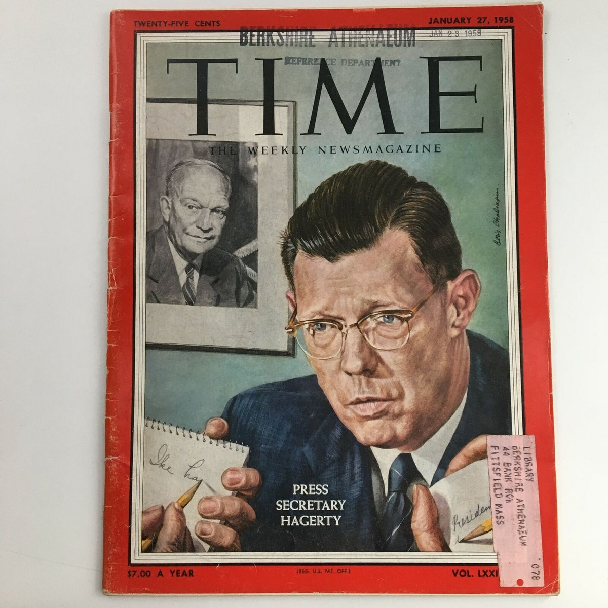 Time Magazine January 27 1958 Vol 71 #4 cover featuring Press Secretary James Hagerty holding a notepad with a pencil, representing the political climate of the era.