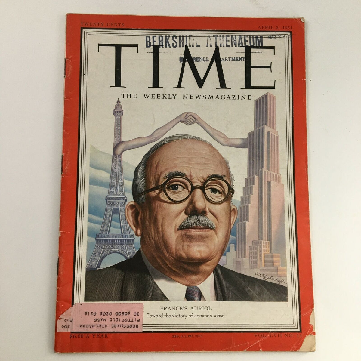 Cover of Time Magazine April 2 1951 Vol 57 #14 featuring Former President Vincent Jules Auriol, highlighting historical significance during the early 1950s.