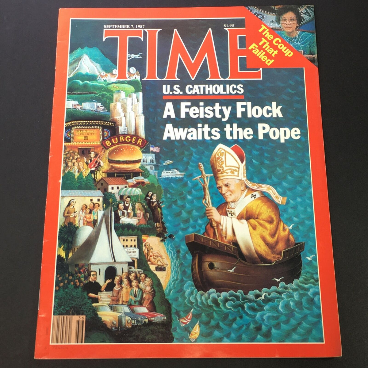 VTG Time Magazine September 7, 1987 cover featuring the title 'U.S. Catholics: A Feisty Flock Awaits the Pope' with illustration of Pope at sea surrounded by cultural imagery.