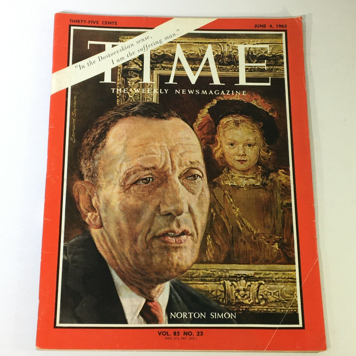 Vintage Time Magazine cover from June 4, 1965 featuring Norton Simon, with the quote 'In the Dostoevskian sense, I am the suffering man.' This issue highlights Simon's impact on art and culture.