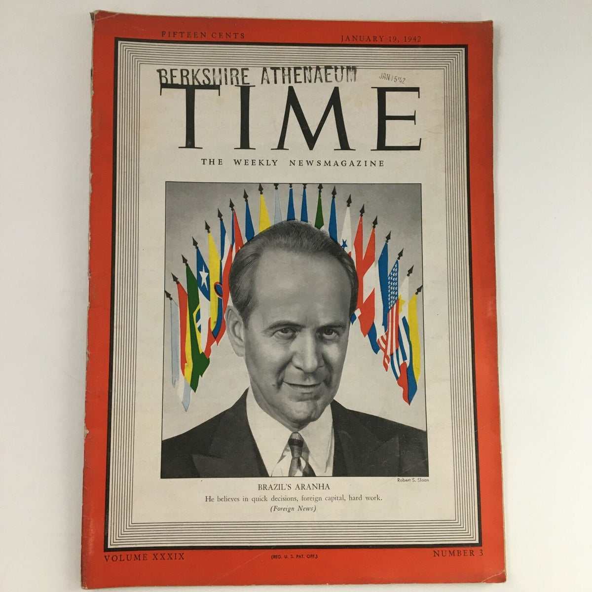 Cover of Time Magazine from January 19, 1942, featuring Brazilian politician Oswaldo Aranha, surrounded by national flags, showcasing historical significance and vintage charm.