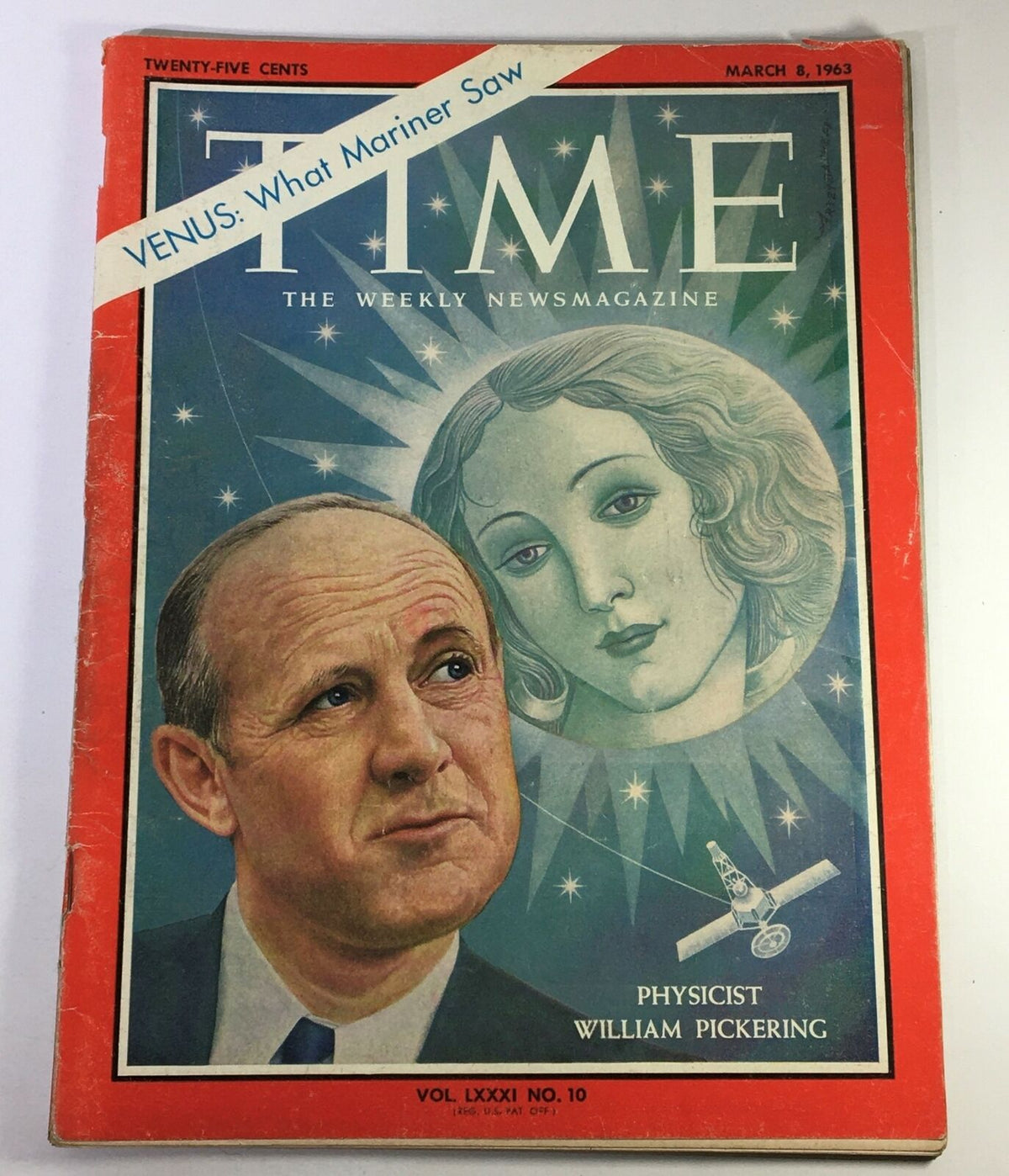 VTG Time Magazine March 8 1963 featuring physicist William Pickering and the cover story 'What Mariner Saw', showcasing a vintage illustration of Pickering and celestial imagery.