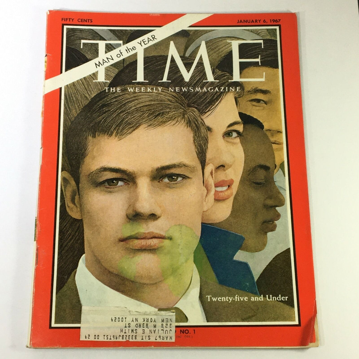 Vintage Time Magazine from January 6, 1967, featuring the title 'Man of the Year' and 'Twenty-five and Under'. The cover showcases a man with light features and a background of diverse portraits.