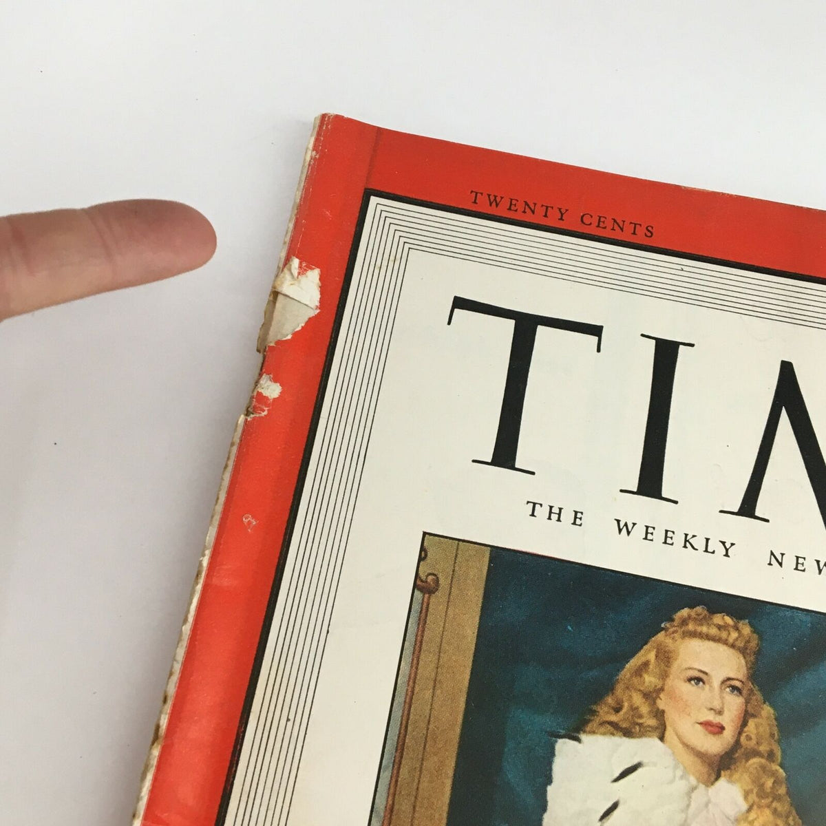 Close-up detail of the Time Magazine August 23 1948 cover showing minor wear and tear, emphasizing the magazine's vintage condition with Betty Grable featured prominently.