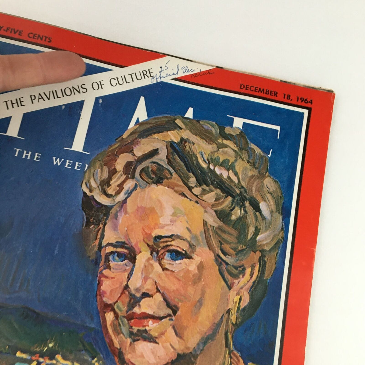 Close-up of Time Magazine December 18, 1964, showing Buff Chandler's portrait and an inscription on the cover.