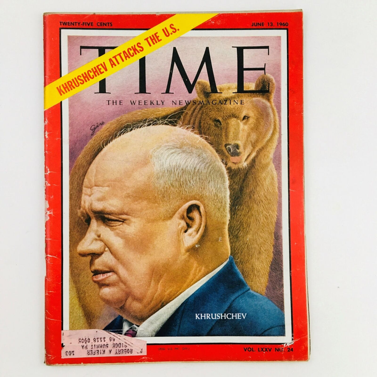 Vintage Time Magazine, June 13, 1960, Vol. 75 No. 24 featuring Nikita Khrushchev with the headline 'Khrushchev Attacks The U.S.' on the cover, depicting Cold War tensions.