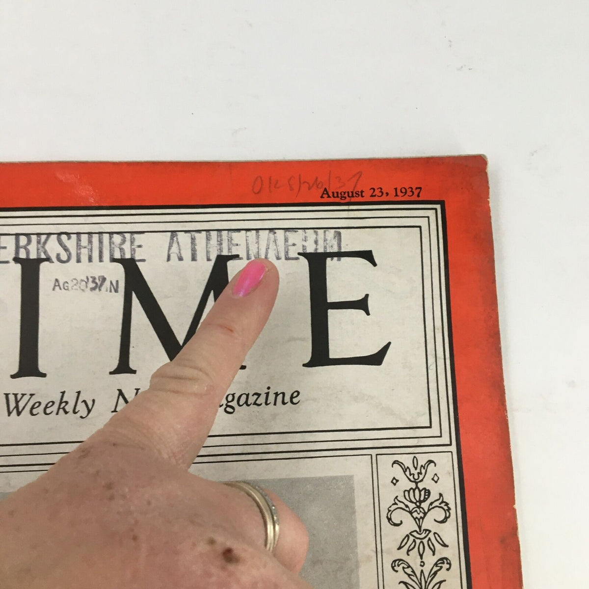 Close-up of Time Magazine August 23 1937, emphasizing the date and address label, highlighting its collectible nature.