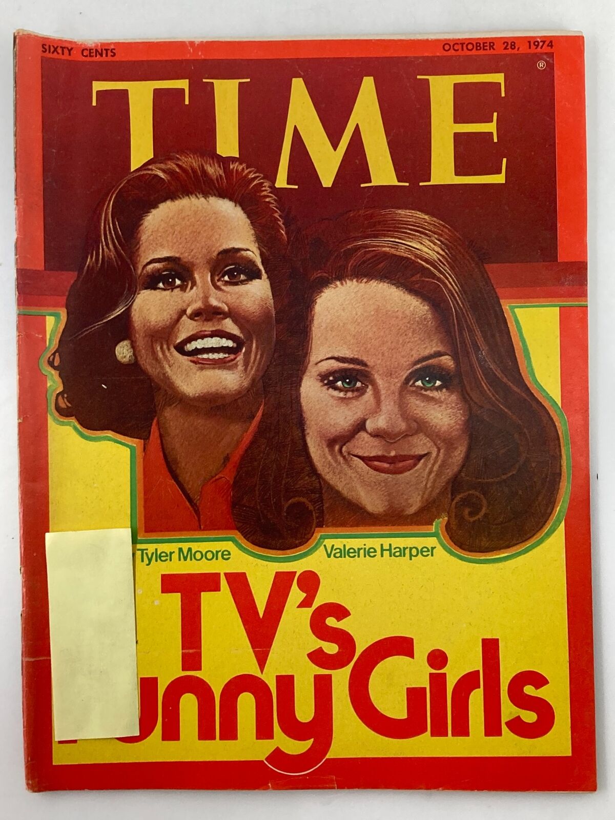 Vintage Time Magazine cover from October 28, 1974, featuring TV's funny girls Mary Tyler Moore and Valerie Harper, showcasing their impact on television comedy.