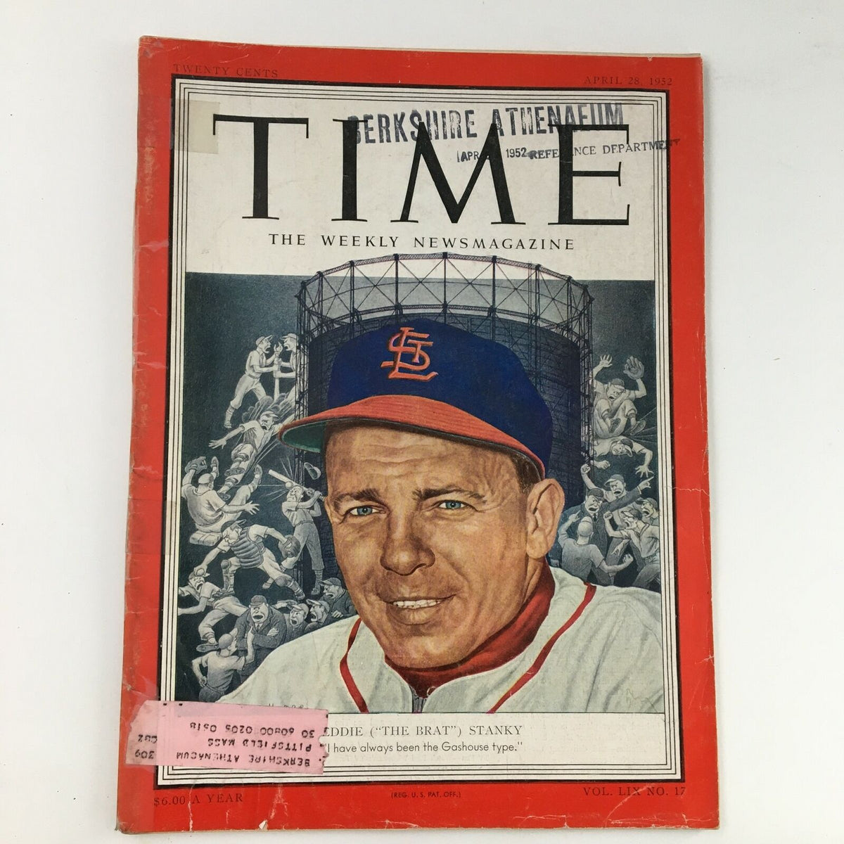 Time Magazine April 28 1952 featuring baseball manager Eddie "The Brat" Stanky on the cover, showcasing vintage sports history and early 1950s baseball culture.