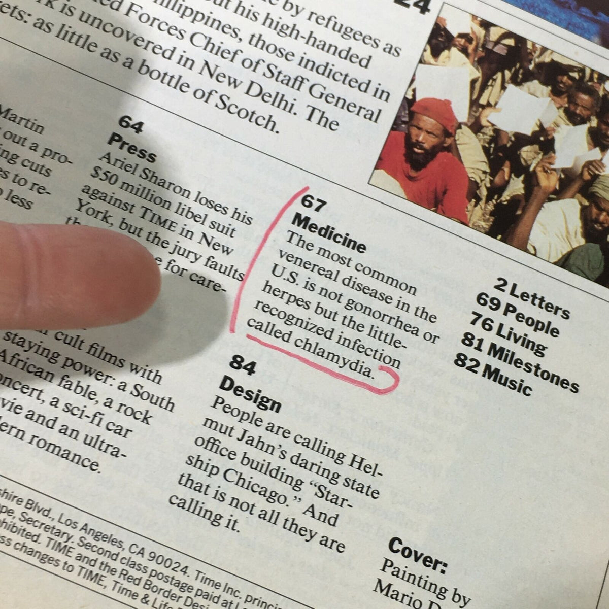 Interior page of the February 4, 1985 Time Magazine featuring information about medical issues, including chlamydia and societal topics relevant to the time.