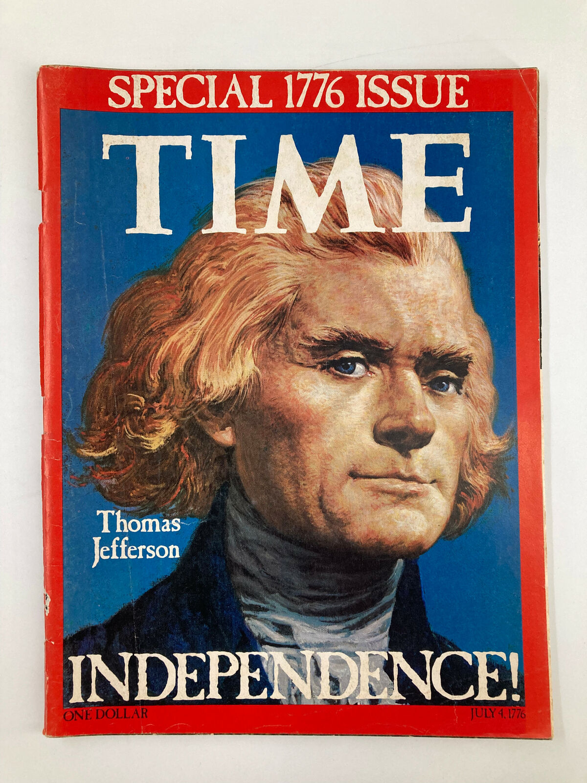 VTG Time Magazine July 4 1776 featuring a portrait of Thomas Jefferson with the headline 'INDEPENDENCE!' showcasing a special issue dedicated to American history.