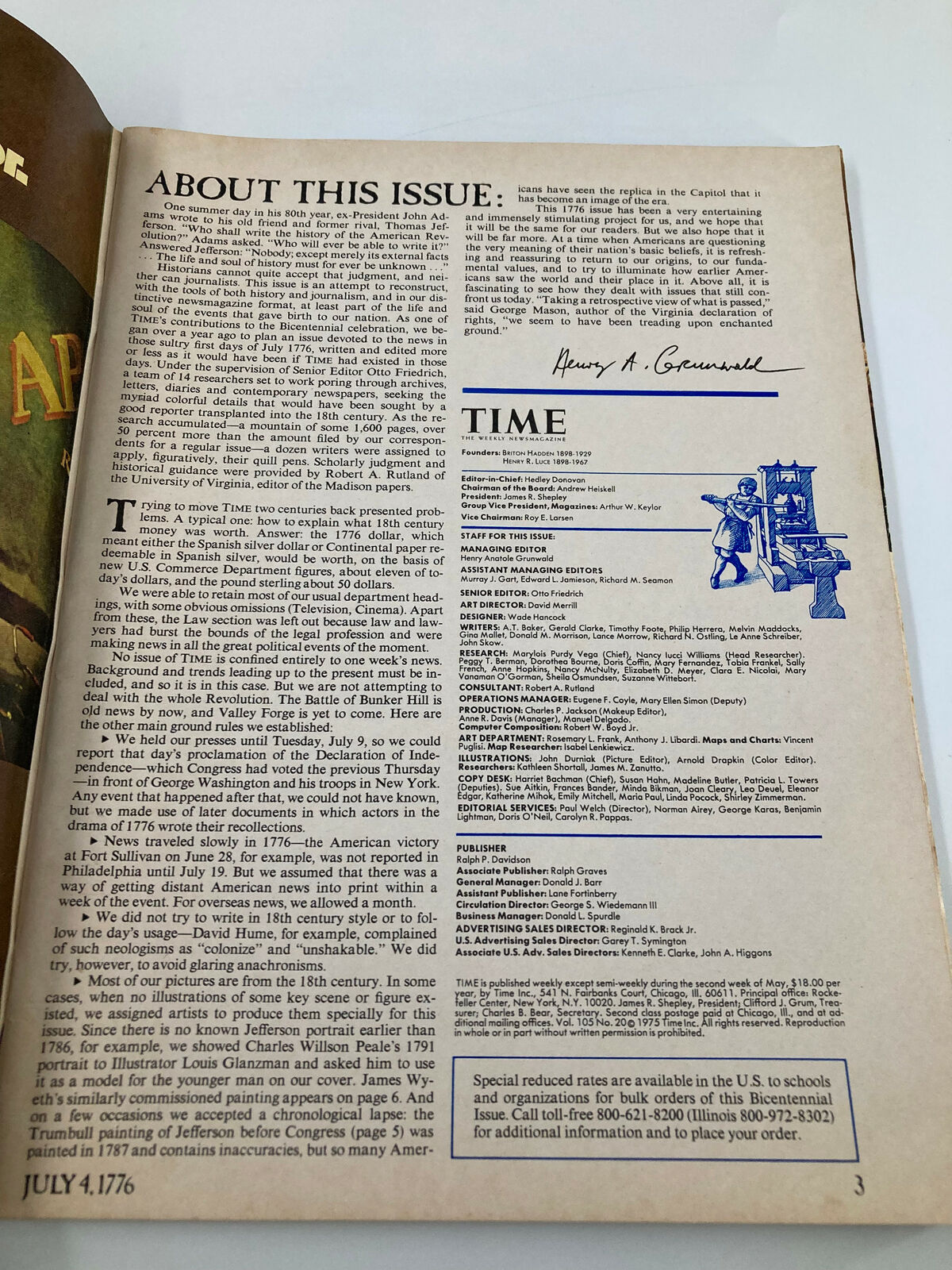 Inside page of VTG Time Magazine July 4 1776, detailing informative content about the issue, including a section titled 'ABOUT THIS ISSUE'.