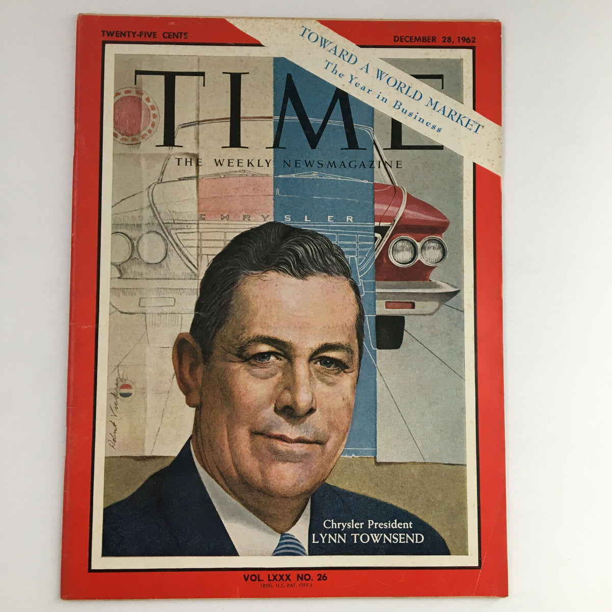 Time Magazine cover from December 28, 1962 featuring Chrysler President Lynn Townsend, showcasing automotive themes and vintage design elements.
