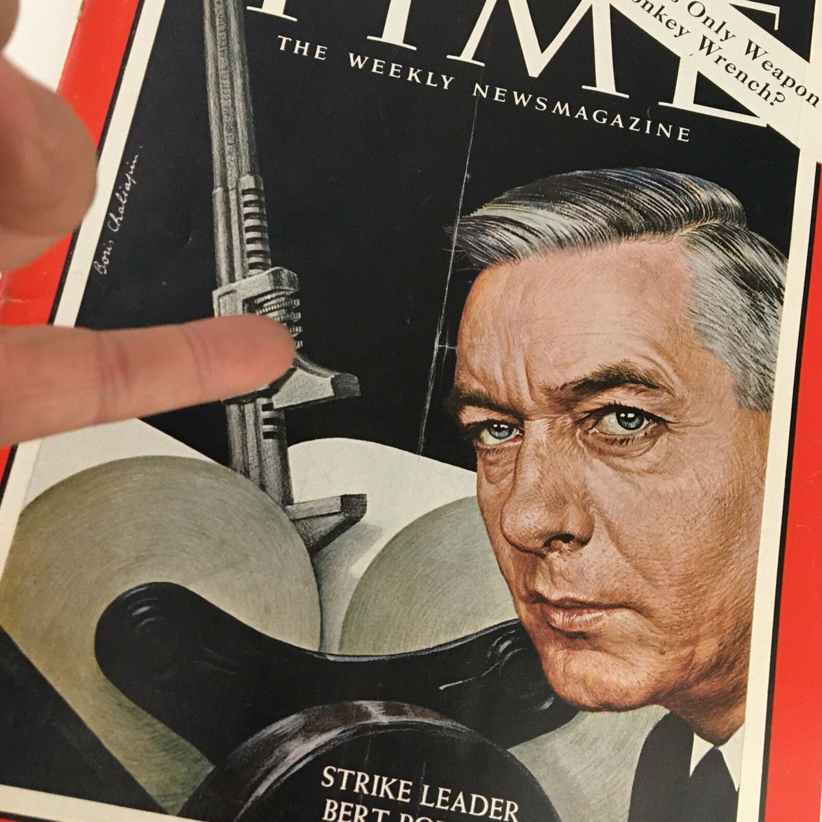 Close-up view of Time Magazine March 1, 1963, Vol. 81 No. 9 cover highlighting strike leader Bert Powers with a focus on the illustrated details and theme.