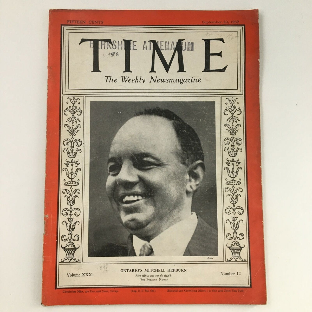 Time Magazine September 20, 1937 featuring Premier Mitchell Hepburn of Ontario, showcasing the prominent politician on the cover in a historic context.