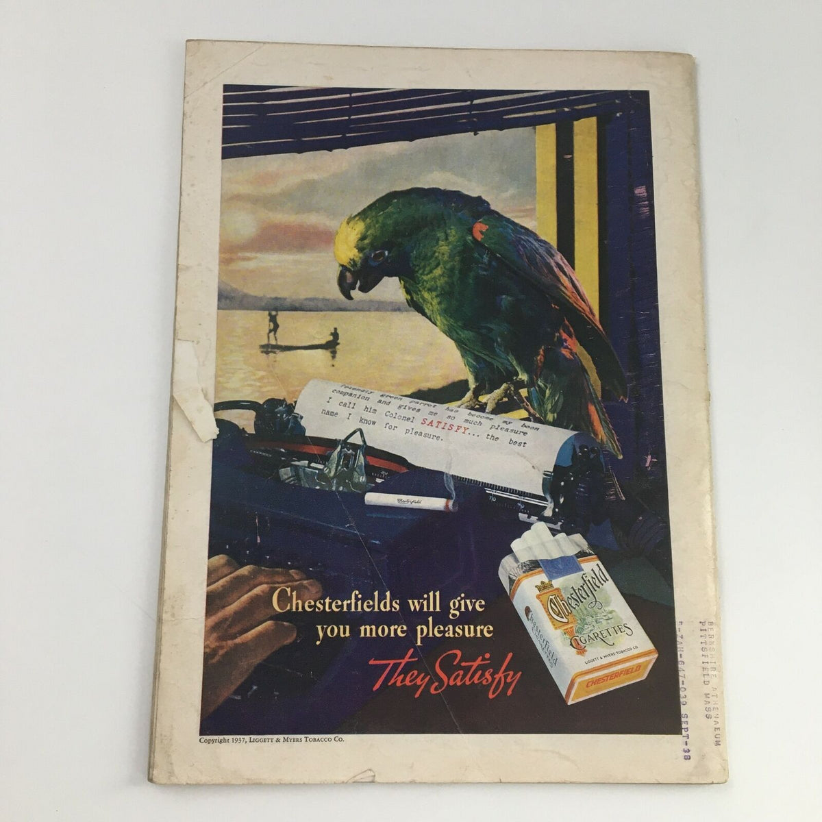 Back cover of Time Magazine September 20, 1937, featuring an advertisement for Chesterfield cigarettes with a parrot, illustrating vintage marketing style.